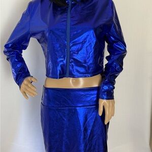 Metallic Cobalt Blue Two-Piece Set Y2K Zip Top & Skirt Size 3XL Fits Like L NWT